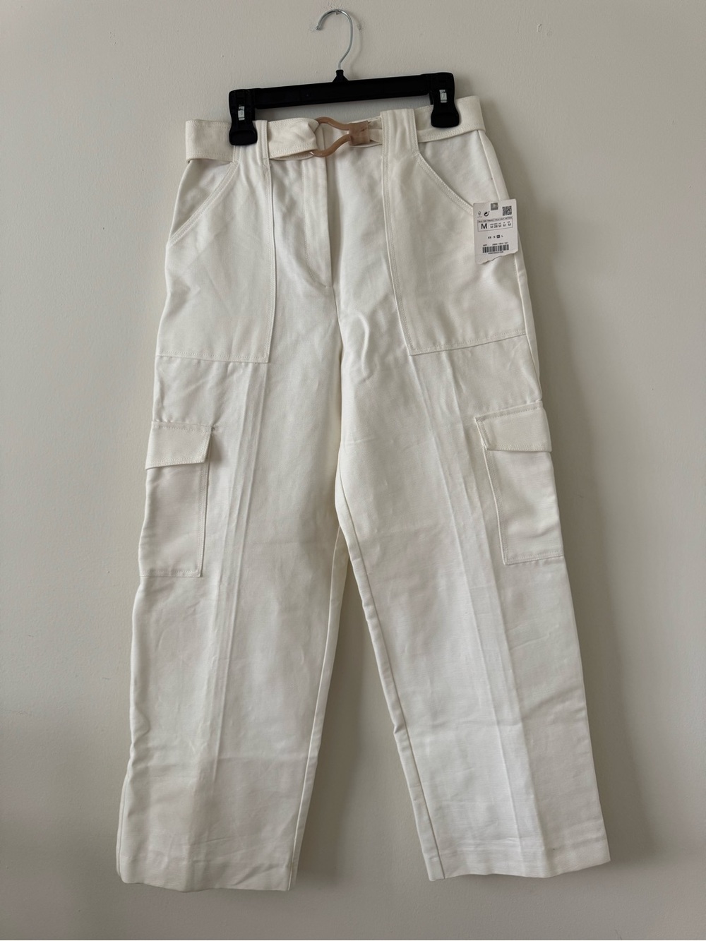 NWT Zara Cream Cargo Trousers Size M Belted Utility Pants Chic Wide Leg Pants